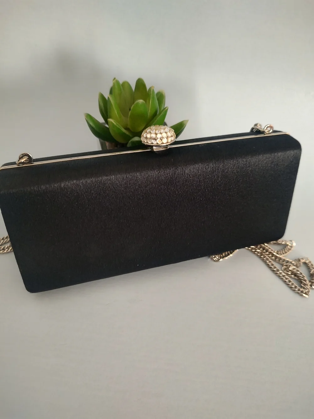 Black Satin Evening Clutch with Jewel Accent